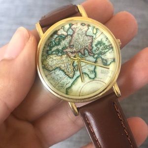 World map watch with brown leather band